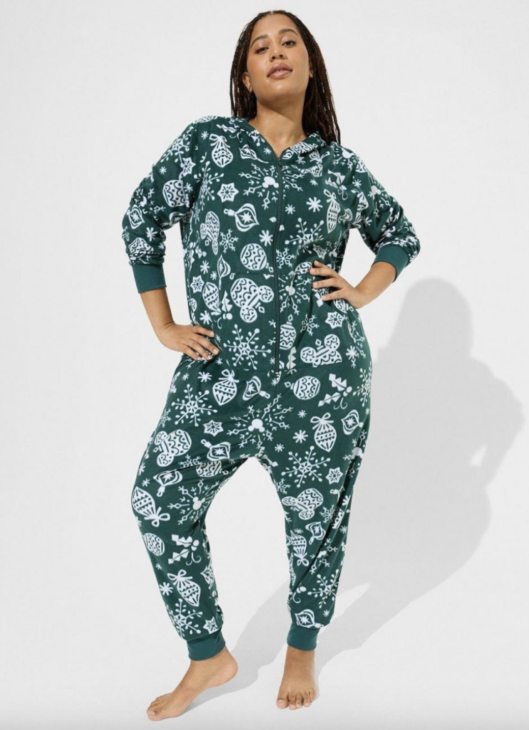 dark green and white mickey mouse and christmas ornament holiday print zip up hooded onesie